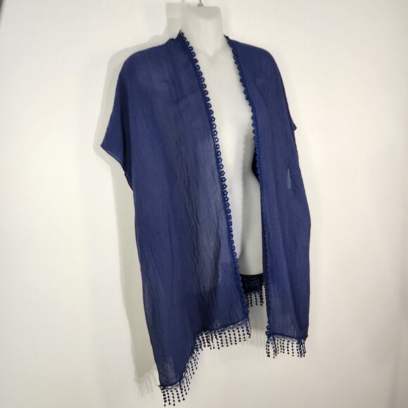 Steve Madden Cover Up Sheer Lace Inset Blue Kimono One Size Fringe Beach Swim - Picture 4 of 12